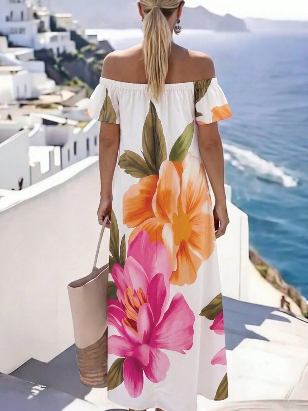 Multicolor Boho Women's Vacation Casual Floral Print Off-Shoulder Long Dress - Picture 2 of 5